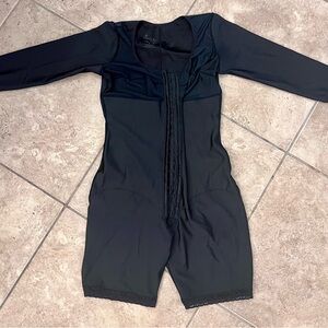 Black Mid-Thigh Bodysuit with Bra and Front Closure. Premium Shape-wear